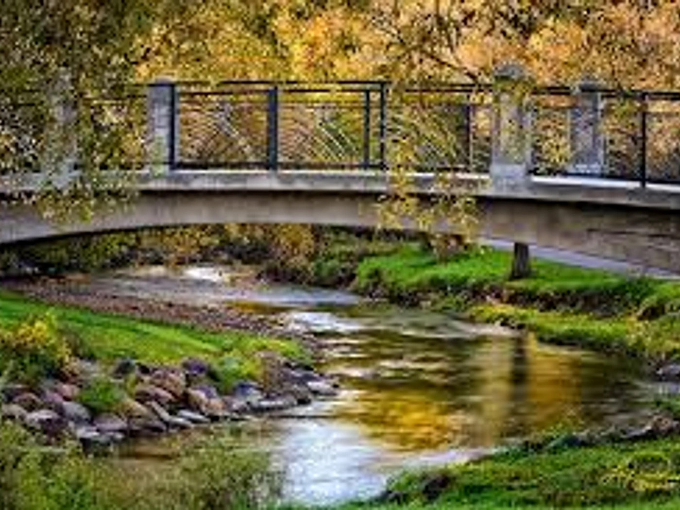 Oshawa Creek flowing under a pedestrian bridge in autumn